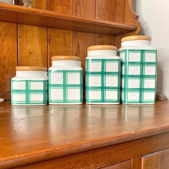 Vintage Lillian Vernon Bright Farmhouse Kitchen Fruit Canister Wood Lid Set of 4 - Picture 3 of 12